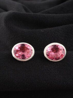 Natural pink tourmaline bezel stud earrings large NEW 925 silver